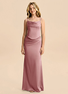 Azazie Sorrel Junior Vestido Rosa Polvorienta de Satén Elástico de Corte Sirena con Drapeado image6