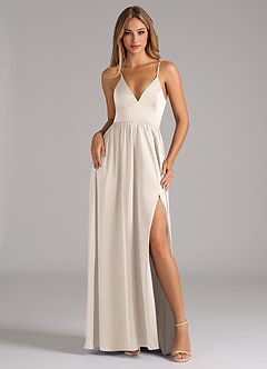 Azazie Aaida Robes de demoiselle d'honneur Robe Trapèze en Satin extensible Corset Albâtre Blanc image1