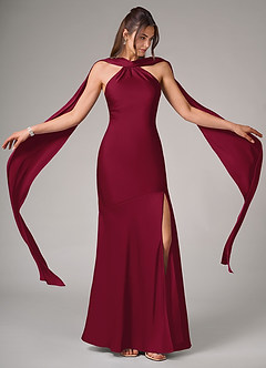 Azazie Kinsley Bridesmaid Dresses Burgundy Mermaid Side Slit Stretch Satin Dress image2