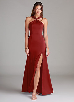 Azazie Rue Bridesmaid Dresses Pomegranate A-Line Pleated Stretch Satin Dress image3