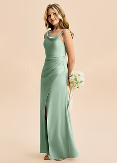 Azazie Abby Junior Agave Sheath Pleated Stretch Satin Dress image3
