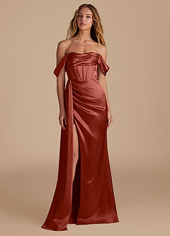 Azazie Amyra Vestidos de damas de honor Vestido de Terracota de Satén Metálico de Corte Sirena Convertible con Escote de Corazón image4
