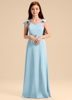 Azazie Everett Junior Vestido de Azul Cielo de Satén Elástico de Corte en A con Lazo image4