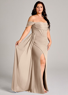 Azazie Amyra Bridesmaid Dresses Taupe Sheath Off the Shoulder Chiffon Convertible Dress image11