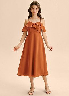 Azazie Kamilla Junior Abito A-Line in Chiffon a Spalla Scoperta Cannella image6