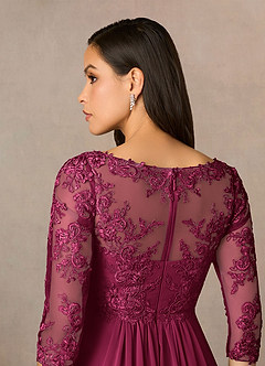 Azazie Hayek At-home Try On Dresses Agave A-Line V-Neck Lace Chiffon Dress image5