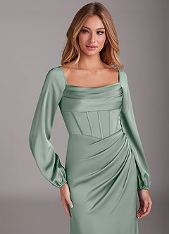 Azazie Charissa Bridesmaid Dresses Agave Sheath Long Sleeve Stretch Satin Dress image7