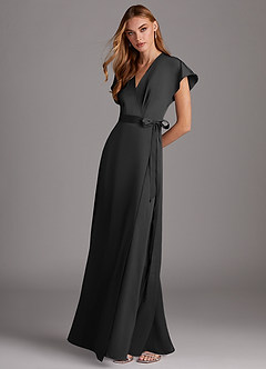 Azazie Nico Bridesmaid Dresses Black A-Line V-Neck Stretch Satin Dress image4