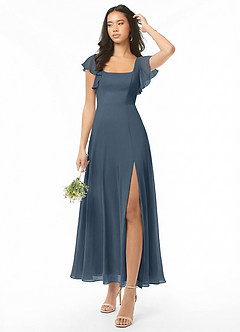 Azazie Bondi 신부 들러리 드레스 A라인 셔링 쉬폰 발목 길이 드레스 image1