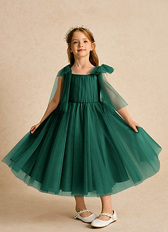 Azazie Dori Robe Demoiselle D'honneur Fillette Robe Trapèze en Tulle Rayé émeraude image6