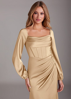 Azazie Charissa Bridesmaid Dresses Champagne Sheath Long Sleeve Stretch Satin Dress image7