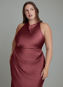 Azazie Evadne Bridesmaid Dresses Merlot Sheath Pleated Stretch Satin Dress image9
