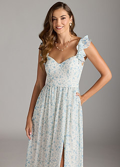 Azazie Nalin Bridesmaid Dresses Blue And White Ditsy Floral A-Line Ruched Chiffon Dress image6