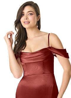 Azazie Liv Bridesmaid Dresses Terracotta Sheath Off the Shoulder Metallic Satin Convertible Dress image6