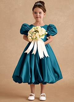 Azazie Jellybean vestidos de niña de las flores Vestido de Azul Tinta de Satin Mate de Corte Princesa con Volante image3
