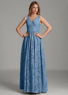 Azazie Keyla At-home Try On Dresses Steel Blue A-Line Pleated Floral Burnout Dress image1