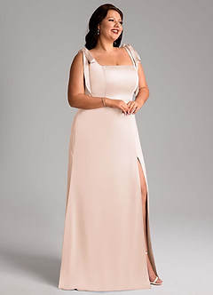 Azazie Frostine Bridesmaid Dresses Blushing Pink A-Line Bow Stretch Satin Dress image9