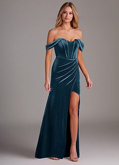 Azazie Jas Bridesmaid Dresses Blue Topaz Sheath Off-The-Shoulder Corset Velvet Convertible Dress image4