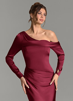Azazie Sandra Robes de demoiselle d'honneur Robe Sirène en Satin extensible Manches longues Bourgogne image7