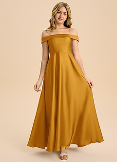 Azazie Sissy Junior Abito A-Line in Raso Elasticizzato a Spalla Scoperta Caramello image4