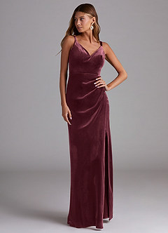 Azazie Leo Bridesmaid Dresses Raspberry Sheath Pleated Velvet Dress image4