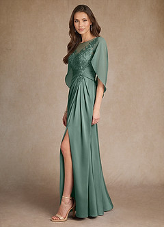 Azazie Hera Mother of the Bride Dresses Eucalyptus A-Line Lace Stretch Satin Dress image2