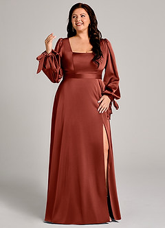 Azazie Leonia Robes de demoiselle d'honneur Robe Trapèze en Satin extensible Manche longue Terracotta image10