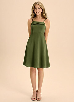 Azazie Anselie Junior A-Line Plisseret Stræk satin Mini Junior brudepige Kjole image5