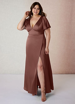 Azazie Lani Bridesmaid Dresses Espresso A-Line Flounce Sleeve Stretch Satin Dress image13