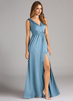 Azazie Tanicia Bridesmaid Dresses Steel Blue A-Line Pleated Stretch Satin Dress image4