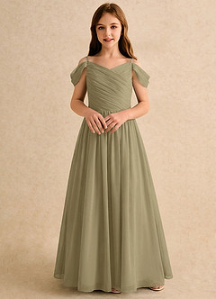 Azazie Chelo Girls Formal Robe Demoiselle D'honneur Fillette Robe Trapèze en Mousseline de soie Plissée Vert Mousse image4