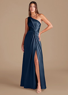 Azazie Brooke Bridesmaid Dresses Dark Navy A-Line One Shoulder Metallic Satin Dress image1