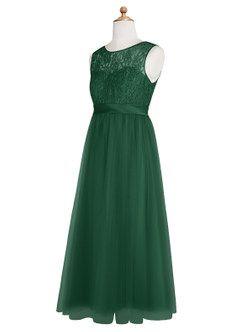Azazie Georgette Junior Dark Green A-Line Lace Tulle Dress image10