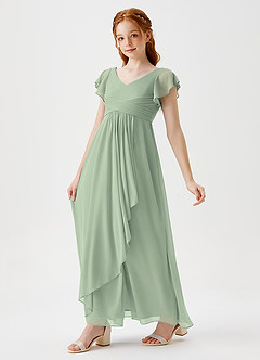 Azazie Omari Junior Vestido de Salvia Polvorienta de Malla de Corte En A con Plisado image6