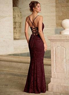 Leahenmo Wine Textured Floral Jacquard Prom Dress image5