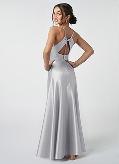 Azazie Avelina Junior Silver A-Line Pleated Metallic Satin Dress image2