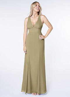 Azazie Christiana Robes de demoiselle d'honneur Robe Trapèze en Mousseline de soie Col V plissé Vert Mousse image1