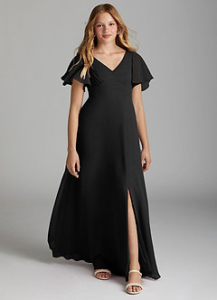 Azazie Kimber Junior Black A-Line Pleated Chiffon Dress image1