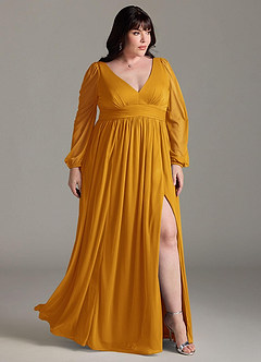 Azazie Norah Bridesmaid Dresses Butterscotch A-Line V-Neck Long Sleeve Chiffon Dress image9