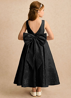 Azazie Goldie Flower Girl Dresses Black A-Line Pleated Floral Jacquard Dress image3