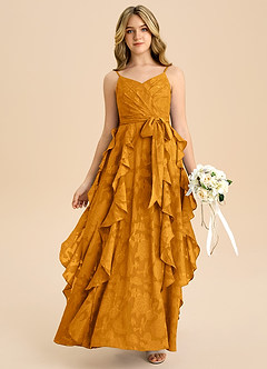 Azazie Peyton Junior Vestido de Caramelo de Devorado Floral de Corte en A con Plisado image1