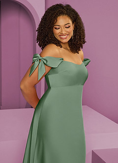 Barbie ♥ Azazie Jurken voor bruidsmeisjes Converteerbaar Jurk van Stretch Satijn met Kolom Off the Shoulder Matcha image12