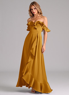 Azazie Lyra Bridesmaid Dresses Butterscotch A-Line Off the Shoulder Stretch Satin Convertible Dress image4