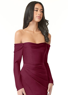 Azazie Hallie Bridesmaid Dresses Mulberry Sheath Off-The-Shoulder Long Sleeve Stretch Satin Convertible Dress image1
