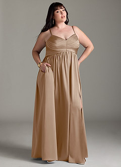Azazie Alia Bridesmaid Dresses Taupe A-Line Pleated Stretch Satin Dress image11