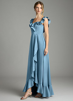 Azazie Lyra Bridesmaid Dresses Steel Blue A-Line Off the Shoulder Stretch Satin Convertible Dress image4