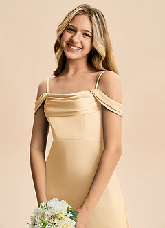 Azazie Lettie Junior A-Linie Schulterfrei Stretch-Satin Kleid Gold image5
