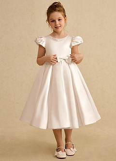 Azazie Pearl Flower Girl Dresses White Alabaster Ball-Gown Pleated Matte Satin Dress image1