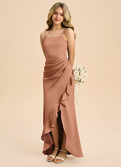 Azazie Buzzy Junior Bronzer Sheath Pleated Stretch Satin Dress image1