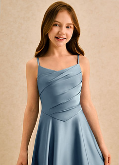 Azazie Coconut Girls Formal 플라워 걸 드레스 A라인 주름진 스트레치 새틴 플로어 길이 드레스 image6